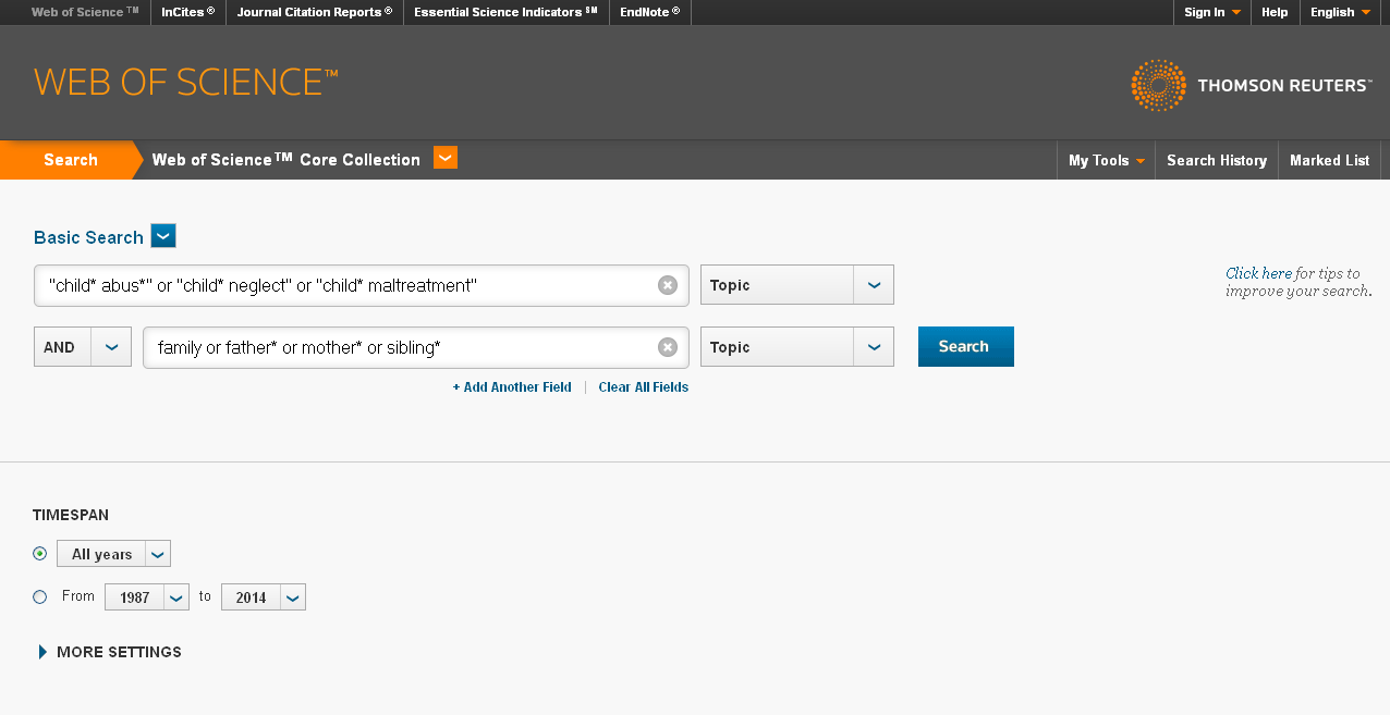 Web of Science, pikaohje 2014 Tampereen yliopiston kirjasto TIETOKANNAN SISÄLTÖ Web of Science Core Collection 1987 (Science Citation Index, Social Sciences Citation Index, Arts & Humanities Index)