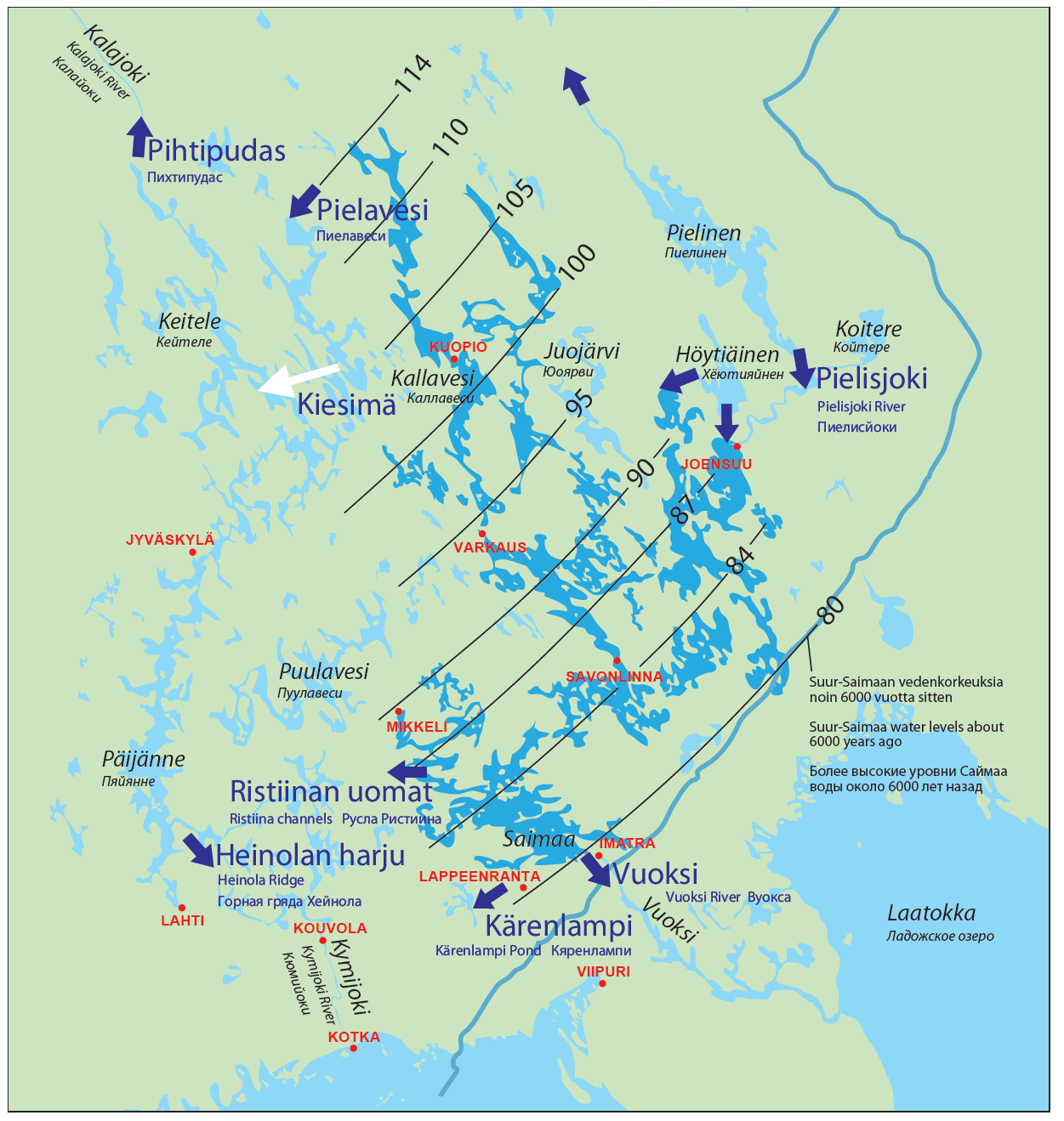 Järvialtaat tulvivat kaakossa ja yhtyvät Suursaimaaksi 5 Merkittävin syy Suomen järvien suuriin muutoksiin on maankuoren epätasainen kohoaminen.