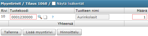 Tilauksen myyntirivit Työnohjauksen tilauksen osapuoliin on lisätty y-tunnus. Y-tunnus haetaan ERP:stä samalla kun muutkin osapuolen tiedot.