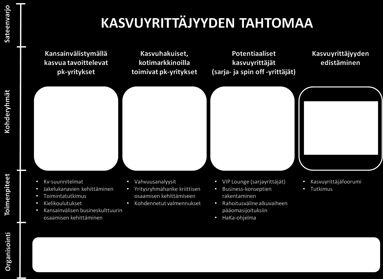 OHJELMAN SISÄLTÖ JA TOIMENPITEET Ohjelman alustava rakenne ja sisältö on kuvattu alla olevassa kuviossa.