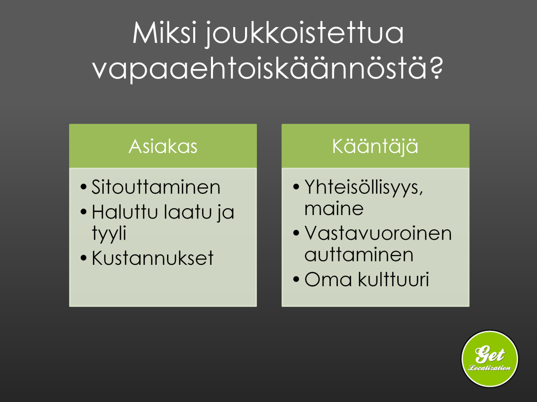 Käännöksen teettäjää voivat ohjata esimerkiksi halu sitouttaa käyttäjiä tuotteeseen, sekä tietty laatu ja tyyli sekä kustannukset.