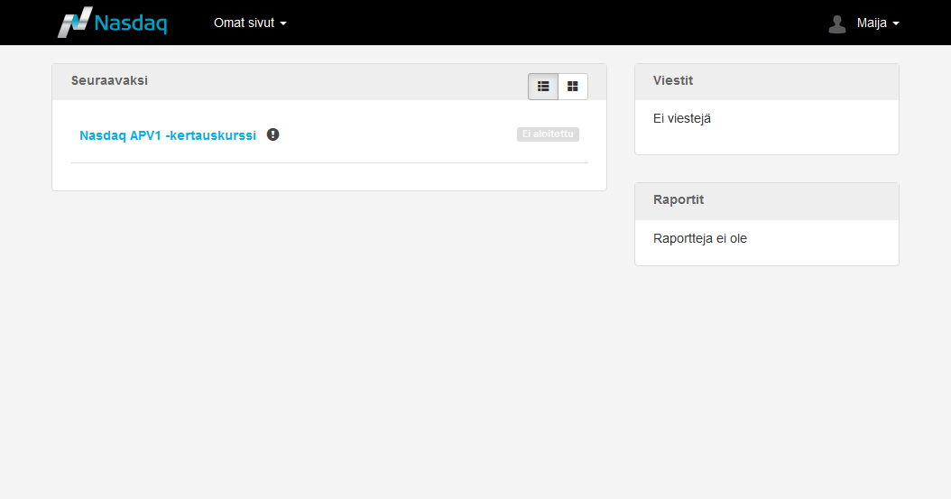 Etusivulta valitset suorittettavan kurssin Nasdaq APV1 -kertauskurssi.