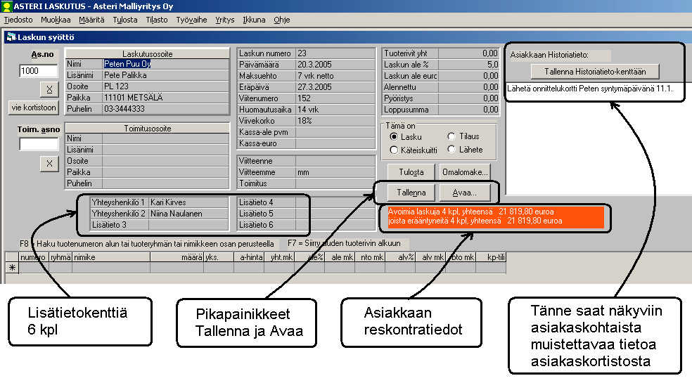 Asteri laskutus päivityksessä tullutta Asteri laskutusohjelmaan on kevään 2005 päivityksessä tullut lukuisia hyödyllisiä ominaisuuksia, joista tässä esitellään muutamia.