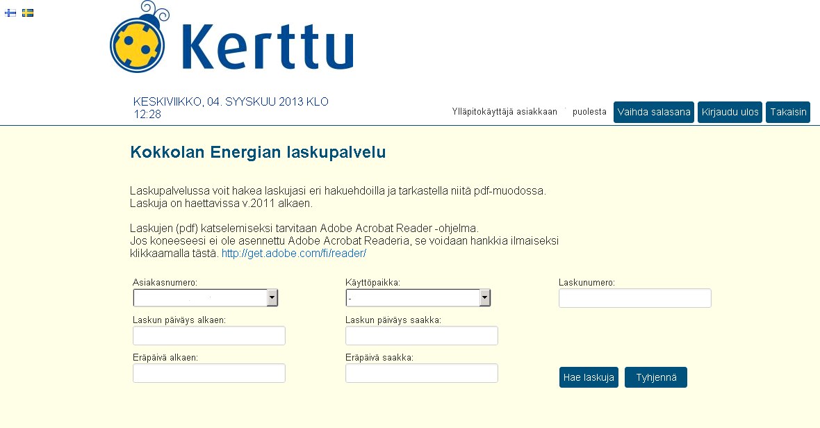 Käyttöohje 10(12) Kuva 10: Laskupalvelun hakuehdot Hakuehdot, joiden perusteella voit hakea laskuja ovat: Asiakasnumero Käyttöpaikka (osoite) Laskunnumero Laskun päiväysväli Laskun eräpäiväväli