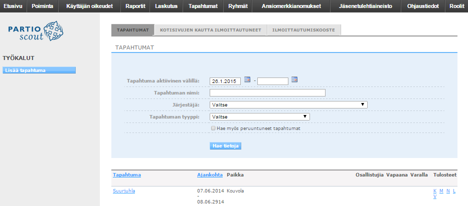 Tapahtuma-osion etusivulla voidaan hakea tapahtumia eri kriteereillä, kuten järjestäjän ja tapahtuman tyypin (esim. juhla, ohjelmatapahtuma) mukaan.