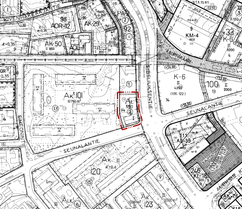 4(7) Asemakaava: Korttelin 101 tontilla 14 on voimassa asemakaava ak435 / 14.6.1966. Sama kaava on voimassa myös korttelin tontilla 13. Tontin 1 osalla on voimassa 1.