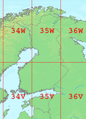 Kuva 6. Tasokoordinaattien osalta suositellaan käytettäväksi ETRS-TM35FIN koordinaattijärjestelmää, jossa Suomi kuvautuu yhdessä suorakulmaisessa koordinaatistossa.