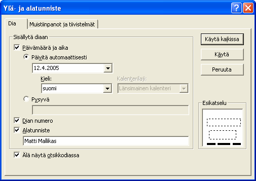 PowerPoint 2002/2003 s. 9/14 Animaatiomallin voi asettaa sekä Dialajittelu- että Normaalinäkymässä.