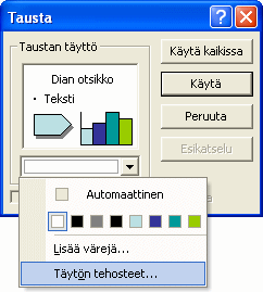 PowerPoint 2002/2003 s. 13/14 Värit ja taustan grafiikka Taustan suunnittelussa liikkeelle voi lähteä värimallin määrittämisellä.