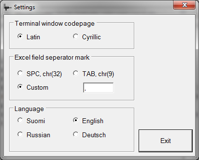 ASETUKSET Terminal window codepage Valitaan merkkikoodisto jota käytetään siirtonäytössä.