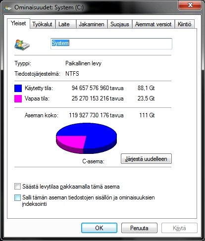 19 Windows 7:ssä indeksoinnin poistaminen käytöstä on yksinkertaista: 1. Avaa Resurssienhallinta tai Tietokone 2. Paina hiiren oikeata näppäintä levyn osion kohdalla ja valitse Ominaisuudet 3.