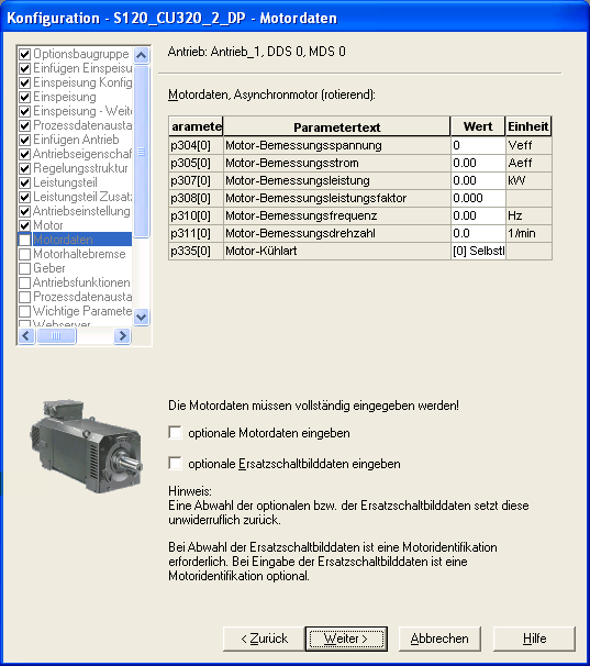 Käyttöönotto 7.9 Moottoriparametrien asettaminen muuttajassa 5. Kirjoita taulukkoon "Moottoritiedot" sarakkeeseen "Arvo" moottorin tiedot. Parametrien p304...p311 arvot löydät moottorin tehokilvestä.