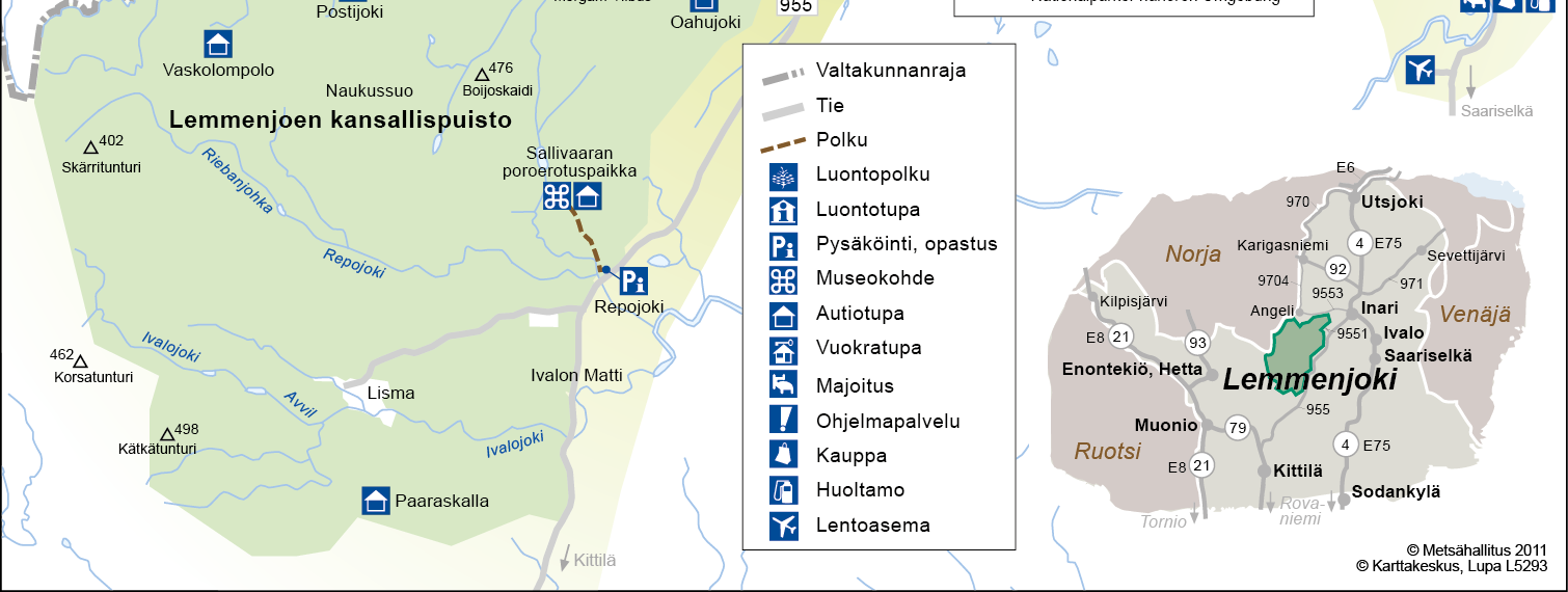 Kuva 2. Lemmenjoen kansallispuisto ja sille määritelty lähialue. Kartta oli vastaajien nähtävissä. Metsähallitus 2012, Karttakeskus, Lupa L5293. 2.2 Aineisto ja menetelmät Kävijätutkimuksen aineisto kerättiin Lemmenjoen kansallispuistossa 1.