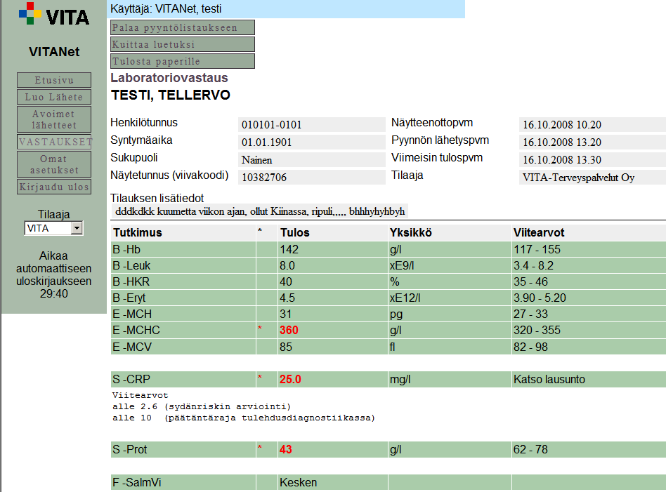 Vastausraportissa näkyvät tulos, yksikkö, viitearvot ja mahdolliset kommentit. Viitearvojen ulkopuolella olevat tulokset on merkitty punaisella.