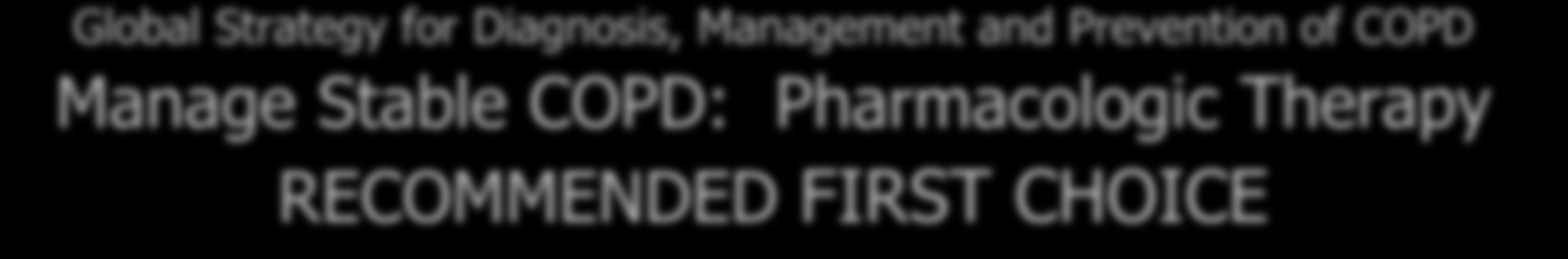 Global Strategy for Diagnosis, Management and Prevention of COPD Manage Stable COPD: Pharmacologic Therapy RECOMMENDED FIRST CHOICE Exacerbations per year GOLD 4 GOLD 3 C ICS + LABA or LAMA ICS +
