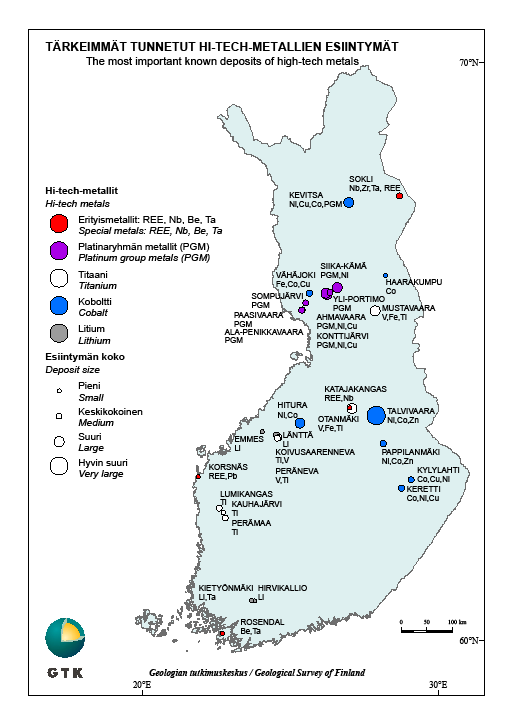 Kriittiset metallit Suomessa - nykytila Kaivos- ja rikastamotuotantoa: Kromi (Kemi) Koboltti (Talvivaara, Kevitsa, Hitura, Kylylahti) Platinaryhmän metallit (Kevitsa, Hitura) Fosfaattikivi