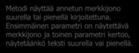 5 metodi ei palauta mitään, koska metodin tyyppi on void Metodi näyttää annetun merkkijono suurella tai pienellä kirjoitettuna.