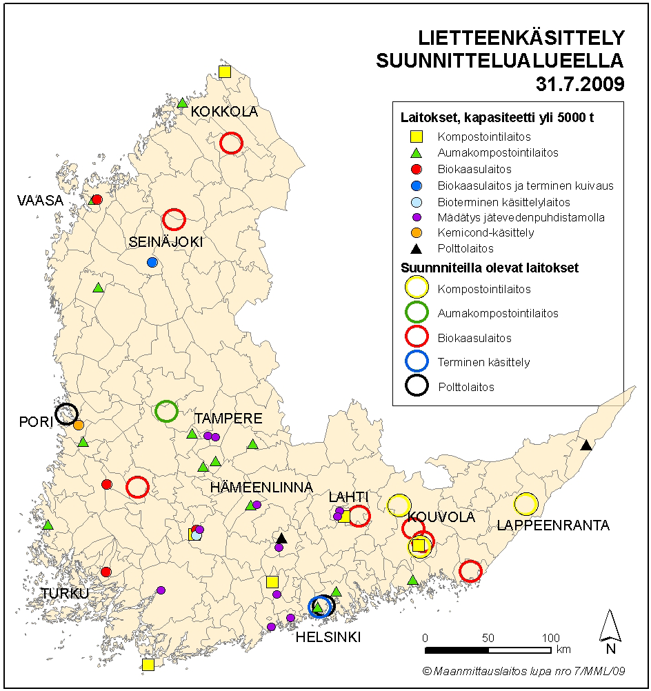 merkitty karttaan renkaalla. Suunnittelualueen käsittelylaitokset kapasiteetteineen on luetteloitu liitteisiin 2/1 2/9.