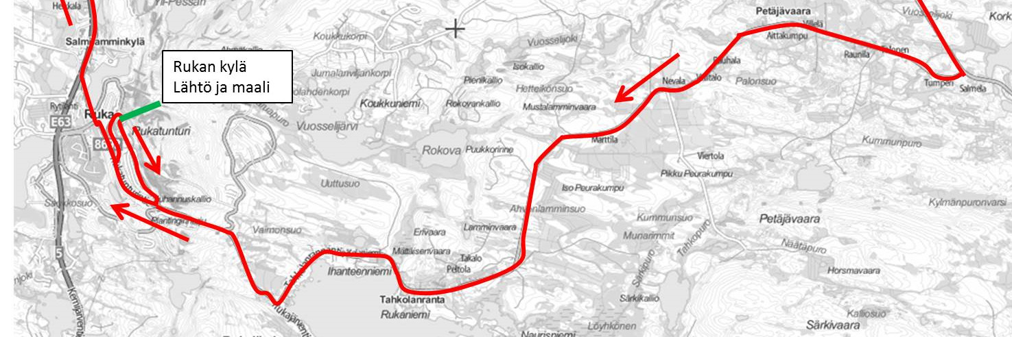 7.4. Konttainen Road Race (ryhmät 2-3) kierros 38 km Lähtö tapahtuu Hotelli Rantasipi Rukahovin kulmalta, edeten masterlähtönä parkkihallin suuaukon vieritse Rukatunturintielle, josta vapaa vauhti