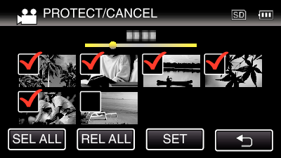 Muokkaus Valittujen tiedostojen suojaus tai suojauksen poisto Suojaa valitut tiedostot tai poistaa suojauksen 1 Avaa LCD-monitori 0 <Ryhmitellyt tiedostot> 0 Kosketa A tai B valitaksesi video- tai