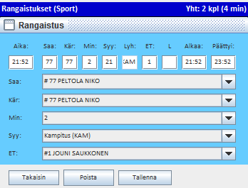 TiTu RANGAISTUSLAUKAUS merkintä Rang.lauk. Laukojan nro 21:52 Lisätään tyyppi RL = laukauksesta tulee maali RL0 = ei maalia Tyyppejä voi olla useampi Esim. YV, AV, TV,,, osa tulee autom.