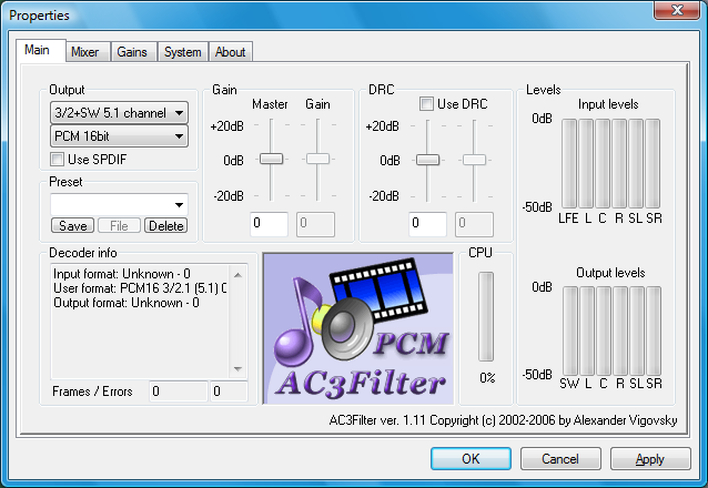 Kuva 17: AC3-filtterin konfigurointi. Uusin Windows Media Player tukee 5.1 ääntä, mutta vain jos siihen asentaa kolmannen osapuolen codec-paketin, kuten FFDSHOW.