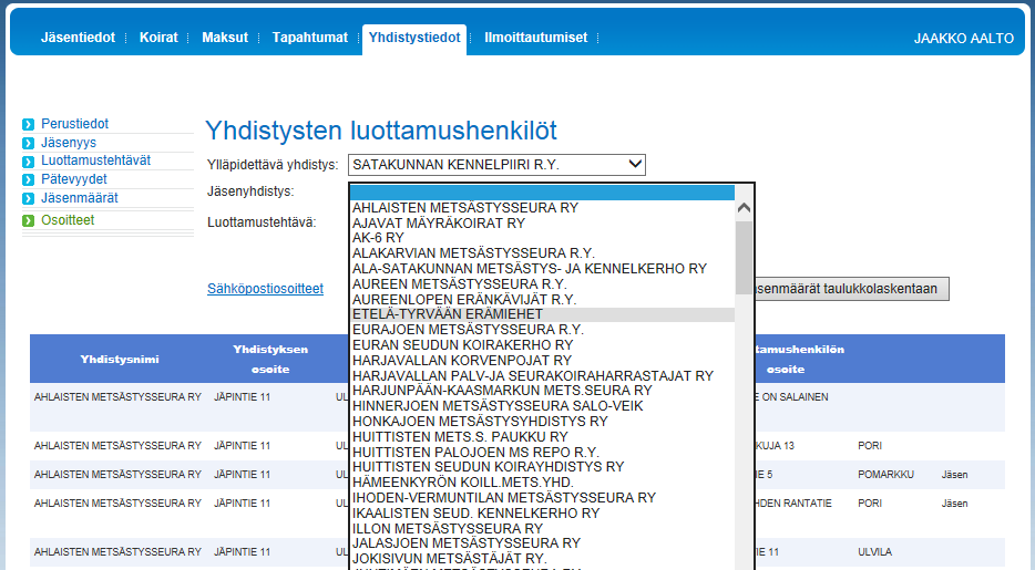 Suomen Kennelliitto ry. 6.5.2014 4(11) Huom! Haku käynnistyy automaattisesti heti valinnan jälkeen, eli erillistä hakupainiketta ei ole.