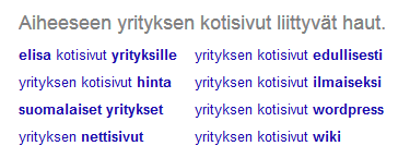 Kuvitteellinen case Onni Oy Asko löytää Googlen ehdotuksia aiheeseen liittyvistä asioista ja klikkaa yrityksen kotisivut wiki löytääkseen