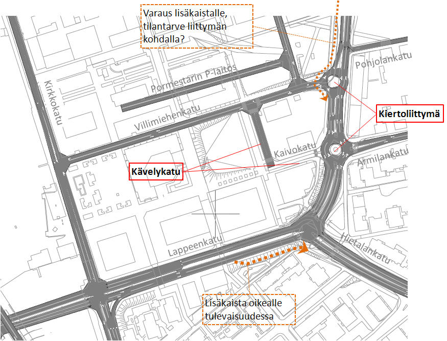 Liikenteen toimivuus Kuva 7. Järjestelyt VE4. Nykyiltaruuhkassa kiertoliittymien toimivuus on hyvä. Kiertoliittymien väli ei simuloinneissa jonoudu häiritsevästi.