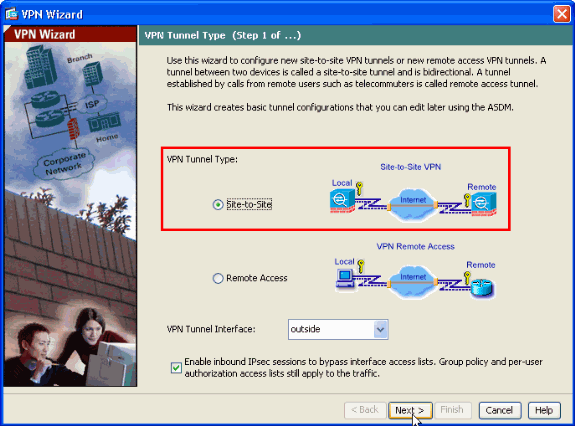 24 (30) KUVA 11. IPsec VPN-tunnelin luonti (Cisco Systems b.) Kun IPsec Wizard on valittu, aukeaa kuvan 12 mukainen valikko, jossa valitaan Site-To-Site VPNtunneli tyyppi. KUVA 12.
