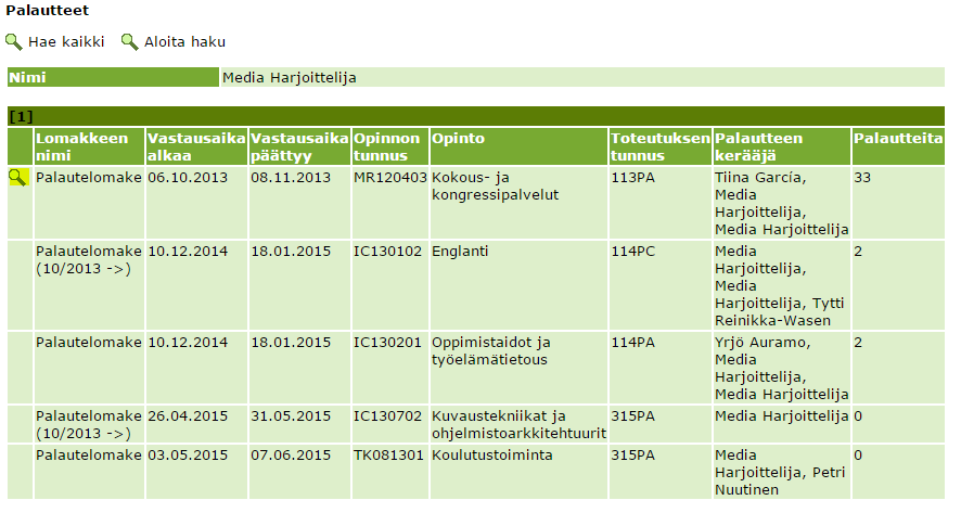 Tämän jälkeen saat luettelon opintojaksoillesi annetuista palautteista. Paina listan yläpuolelta Hae kaikki joka listaa kaikkien opintojaksojesi palautteet.