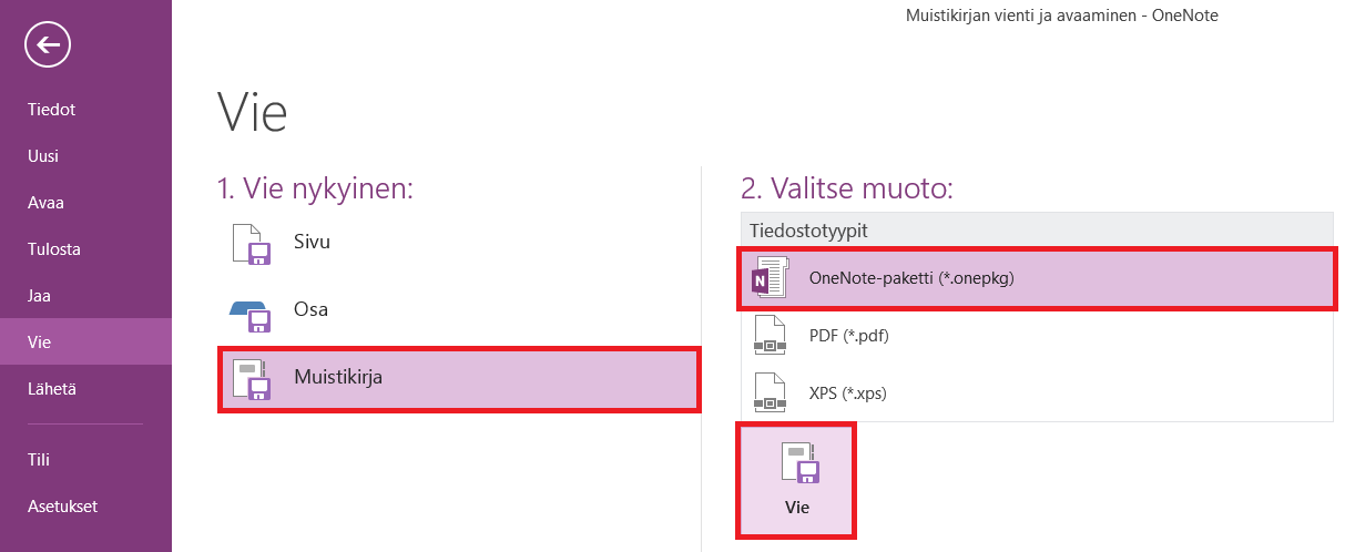 OneNote -muistikirja voidaan tallentaa useina eri tiedostomuotoina, mutta yleisin tapa on tallentaa tiedosto OneNote -pakettina, jolloin kaikki OneNoten ominaisuudet ovat