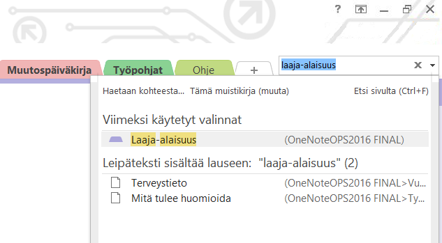 5. Klikatessasi hakutulosta OneNote avaa välilehden tai