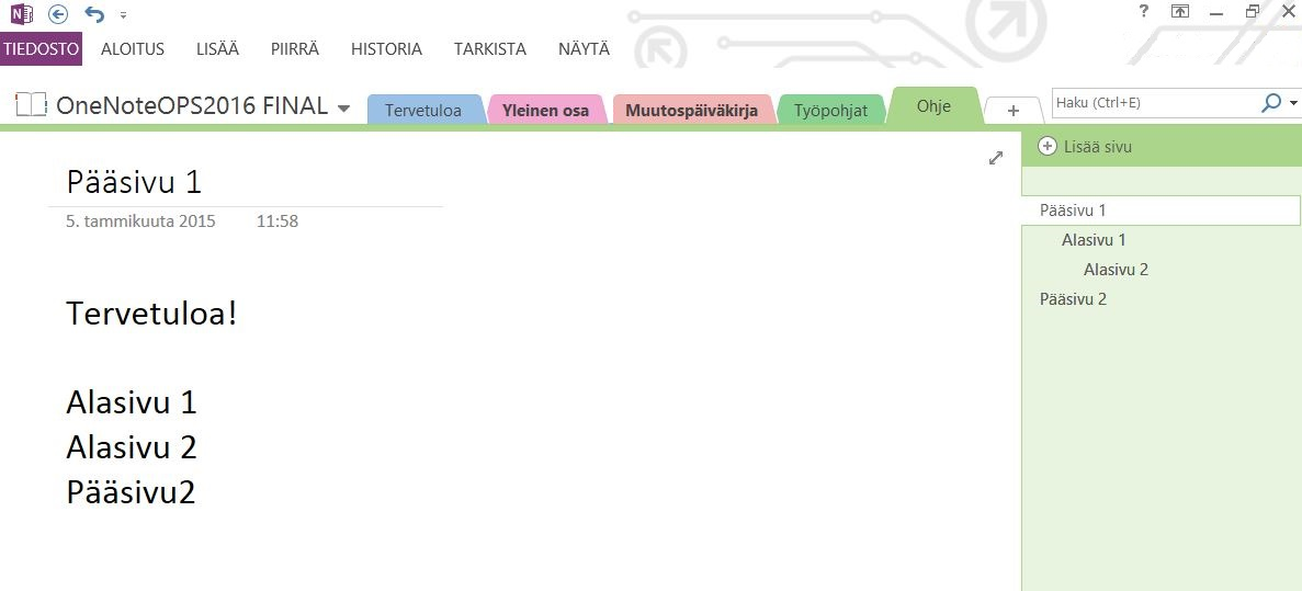 Sisältöjen linkitys OneNotessa pystyt luomaan klikattavia linkkejä muihin muistikirjoihin tai välilehtiin.