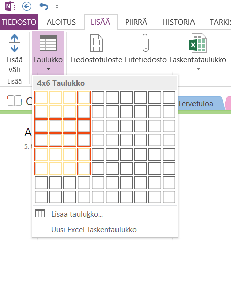 2. Valitse hiirellä sopivan kokoinen taulukko ja klikkaa hiiren vasenta näppäintä. Huom!