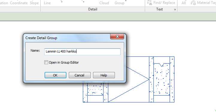 30 Lammin LL400 harkosta muodostetaan komponentti Create Group-toiminnolla, joka löytyy Annotate-valikosta Detail Group-kohdasta.