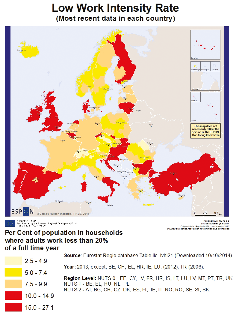 61 Kuva 2. Vajaatyöllisyys Euroopassa. Kotitalouksien prosenttiosuus, joissa työllisenä oloaika on vähemmän kuin 20 prosenttia mahdollisesta työajasta vuonna 2013.