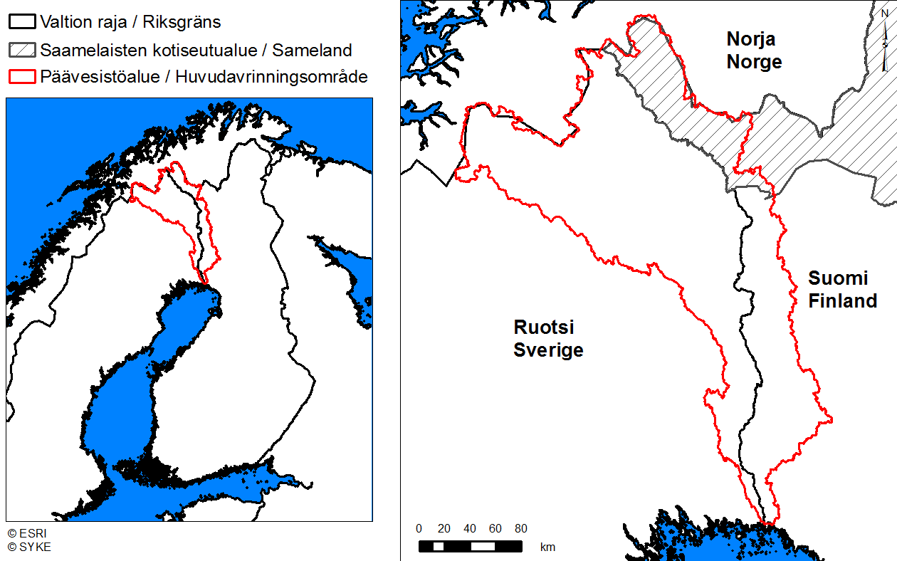 4 Alueen kuvaus 4.1 Vesistöalueen kuvaus Tornionjoen Muonionjoen vesistöalue ulottuu Perämeren rannikolta Pohjois-Lapin käsivarteen saakka (Kuva 4.1).