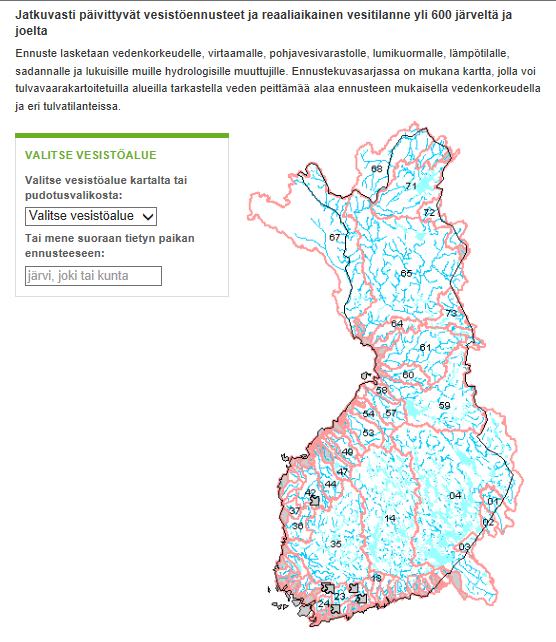 Tärkeimmät ennusteet ja muita vesistömallin laskentatuloksia on nähtävillä Internet-sivuilla www.ymparisto.fi/vesistoennusteet (kuva 10.4).