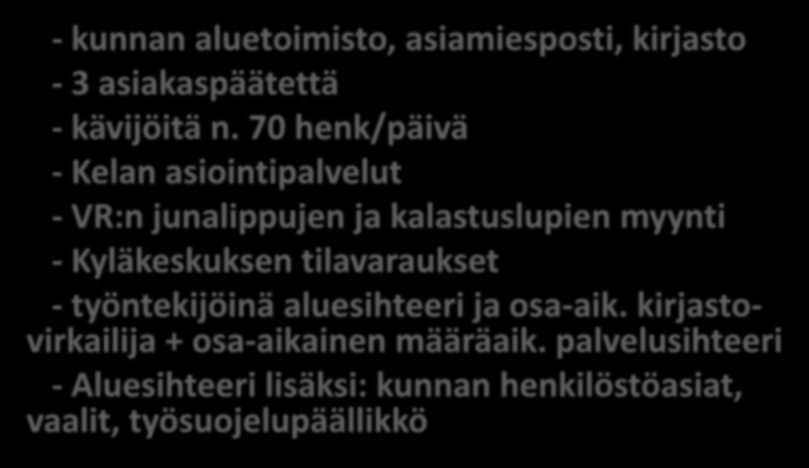 Sukevan Yhteispalvelu tänään - kunnan aluetoimisto, asiamiesposti, kirjasto - 3 asiakaspäätettä - kävijöitä n.