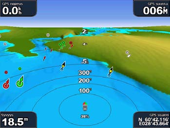 Kartat ja 3D-karttanäkymät Mariner s Eye 3D BlueChart g2 Vision -SD-kortti sisältää Mariner s Eye 3D -näkymän, joka on yksityiskohtainen kolmiulotteinen näkymä takaviistosta veneen yläpuolelta