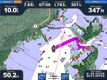 Navigointi veneilypalvelujen kohteeseen VAROITUS BlueChart g2 Vision -muistikortin automaattinen opastustoiminto käyttää sähköisiä karttatietoja.