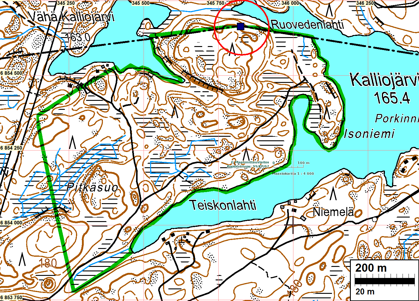 3 Tutkimusalue on rajattu vihreällä. Rajamerkki on osoitettu sinisellä neliöllä. Lähtötiedot Tampereen kaupungin alueella Kalliojärvellä on suunnitteilla ranta-asemakaava.
