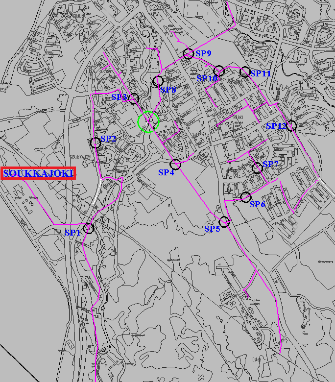 51 Kuva 5.19: Soukkajoki J5 johtolähtö ja simulaation solmupisteet Simulaatiossa tutkittiin molemmat haarat.