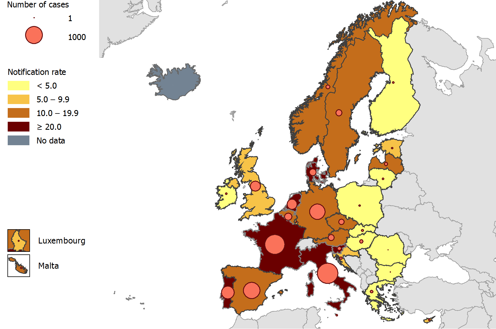 Reported cases and notifications of Legionnaires disease per million, by
