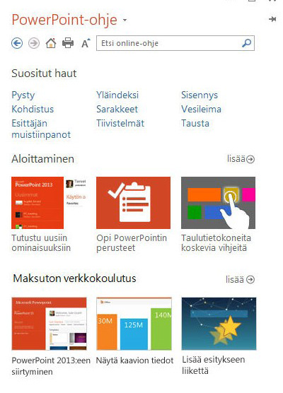 Opastusta PowerPoint 2013:n käytössä Jos olet käyttänyt PowerPointin aiempia versioita, haluat todennäköisesti tietää, mistä tietyt komennot löytyvät PowerPoint 2013:ssa.