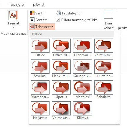 PowerPoint 2013:ssa uusi oletusarvo on 16:9, mutta voit vaihtaa sen Rakenne-välilehdeltä.