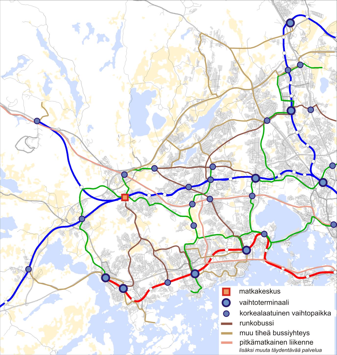 Bussiliikenteen runkoyhteyksiä ovat visiotilanteessa seuraavat yhteysvälit: Espoon keskus - Matinkylä Espoon keskus - Finnoo Espoon keskus - Espoonlahti Jorvi - Kauniainen - Mankkaa - Tapiola Jorvi -