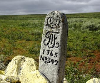 Ruotsin ja Tanska-Norjan rajankäynti 1764-66 Kilpisjärveltä Pitsusmarastoon (läh. Golmmesoaivia) Inari, Peltotunturi. Rm. 342.