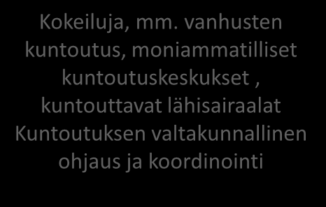 Seurantajärjestelmän kehittämishankkeen käynnistäminen Ohjeistukset Lainsäädännön muutostarpeet (RAPO)Toimivien mallien levittäminen. Ohjeistusta. Kokeiluja, mm.